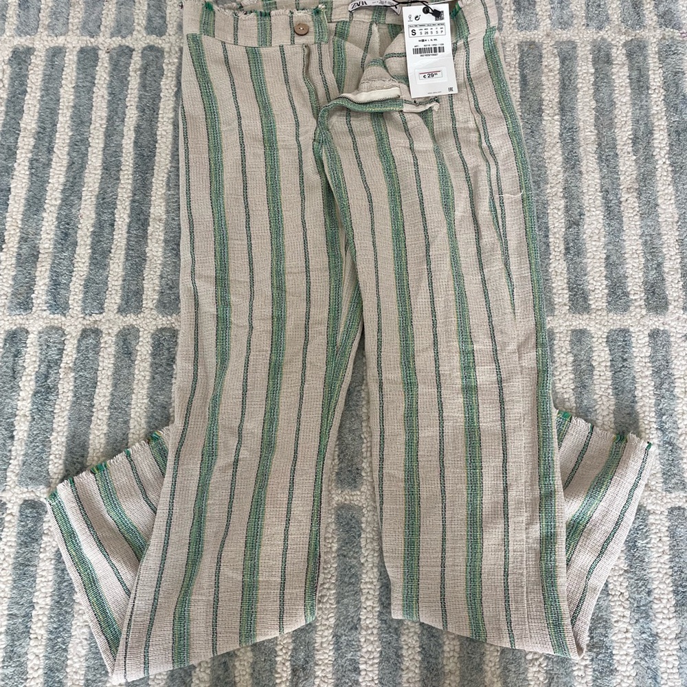 Zara Beige and Green Striped Pants NWT